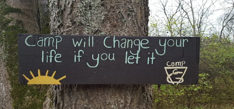 a sign on a tree