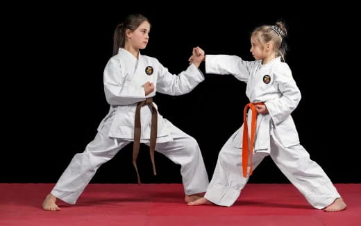 two girls in karate uniforms