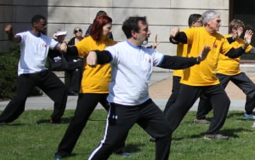 a group of people running